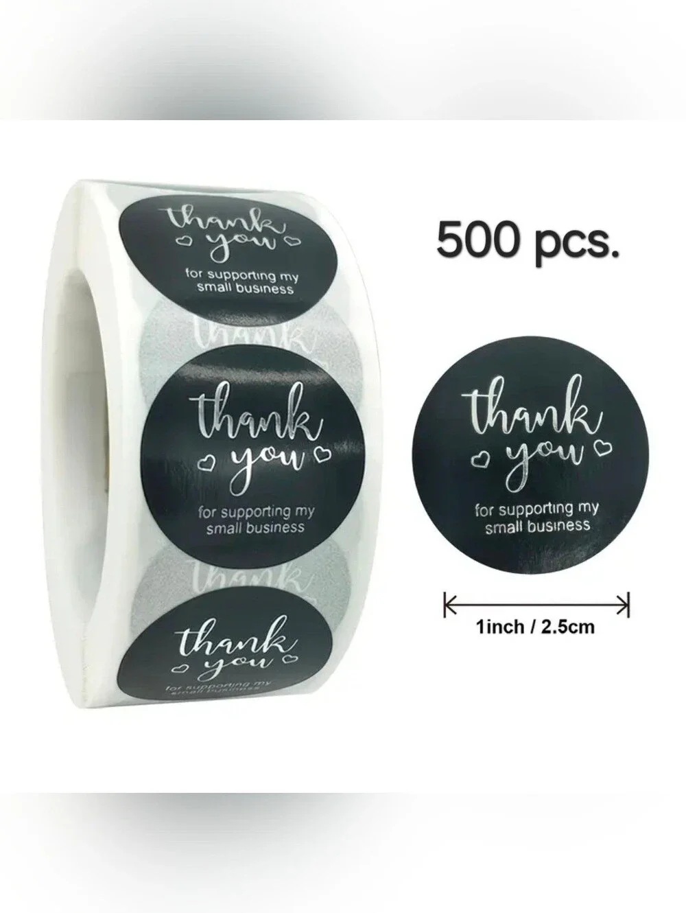 Thank You Round Stickers - Black - Small Business Support, 500 pcs., NEW